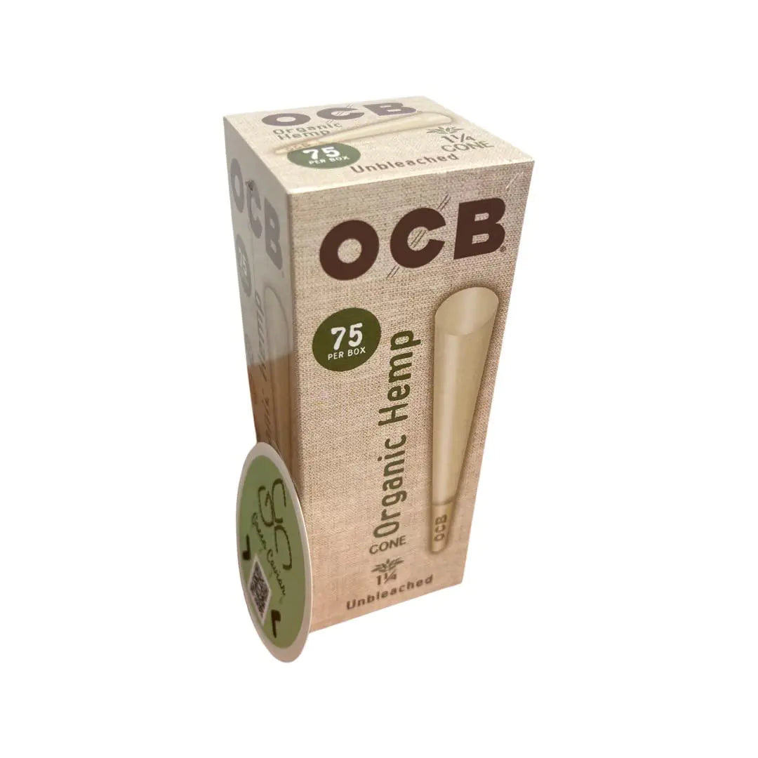 OCB Organic Hemp Unbleached Pre-Rolled Rolling Paper Cones 1-1/4 (84mm) Size - 75 Cones