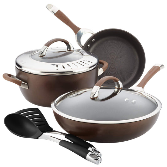 Circulon Symmetry Hard Anodized Nonstick Cookware Utensil and Recipe Booklet Set 7 Piece Chocolate