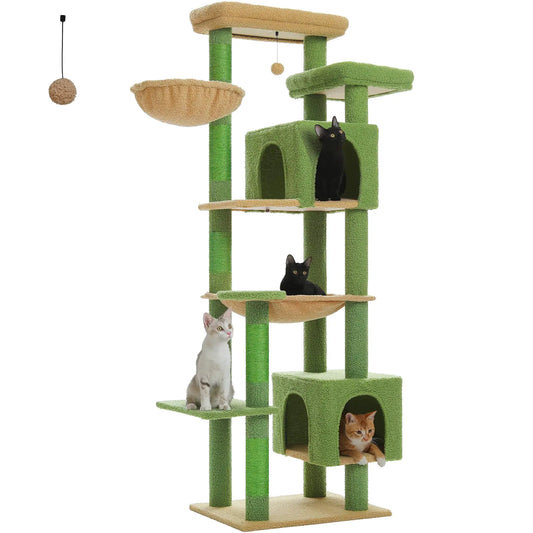 PETEPELA 69" Cactus Cat Tree for Indoor Large Cats Large Cat Tower for Adult Cats with Super Large Hammock Cat Climbing Tree Tower with Scratching Posts Condo House and Large Top Perch Green